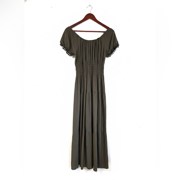 Leana Mode Olive Smocked Button-Down Maxi Dress - Size O/S Boho Chic - Picture 2 of 9